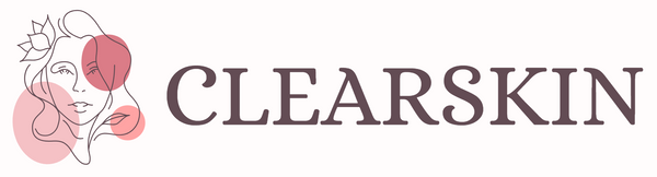CLEARSKIN logotyp med minimalistisk linjeteckning av en kvinna och rosa cirklar – Representerar naturlig skönhet och hudvårdsprodukter.